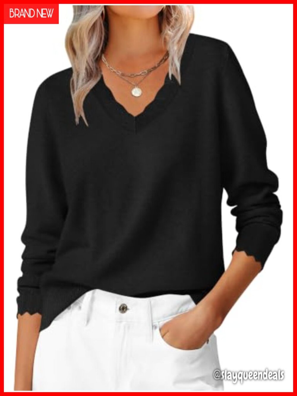 Women's Scalloped V-Neck Long Sleeve Sweater Lightweight Knit